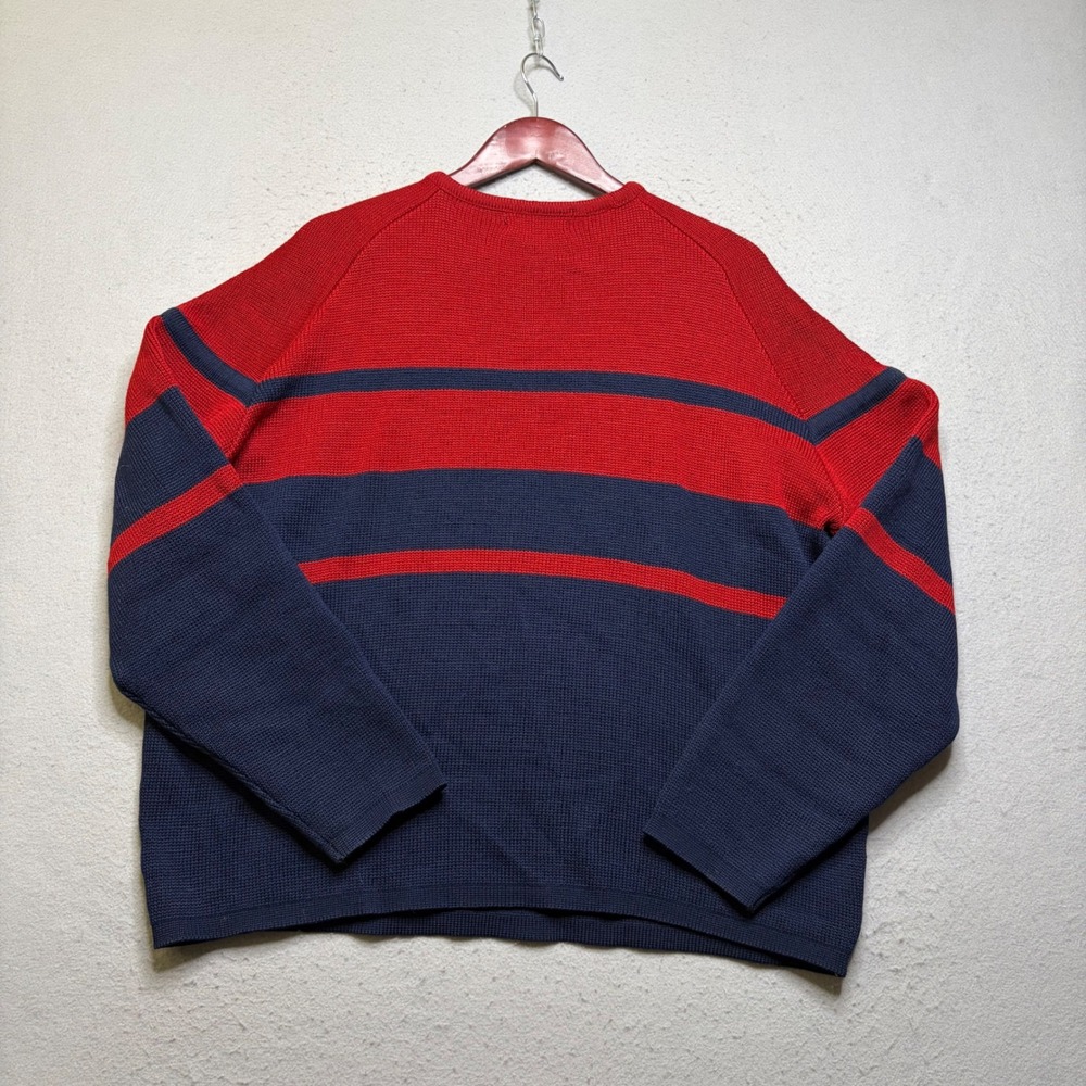 Demetre Sweater Mens XL Red Navy Striped Pure Virgin Wool Vintage 90s Distressed - Picture 4 of 11
